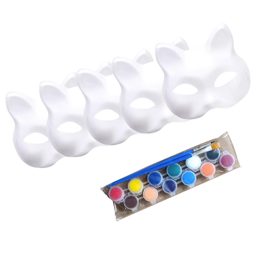 5 Máscaras De Gato Para Pintar + 12 Colores + 2 Pinceles